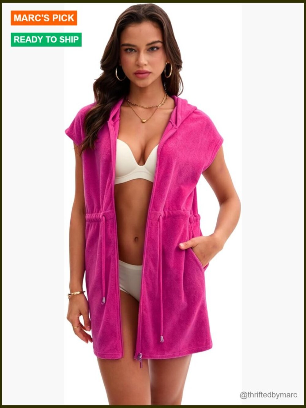 Terry Cloth Swim Cover Up UPF 50+ Hooded Beach Robe with Zipper Pockets